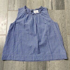 Pomegranate Blue White Gingham Ruffle Collar Sleeveless Cotton Top Blouse Medium